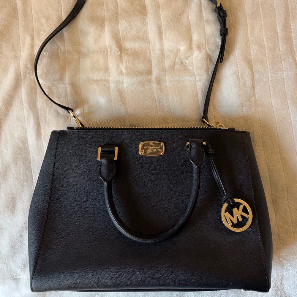 Michael Kors Kellen Medium Black Leather Satchel with Gold Accents